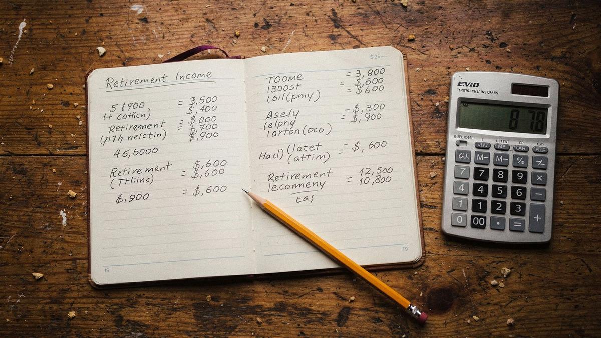Notebook with handwritten retirement income figures beside a calculator on a wooden desk