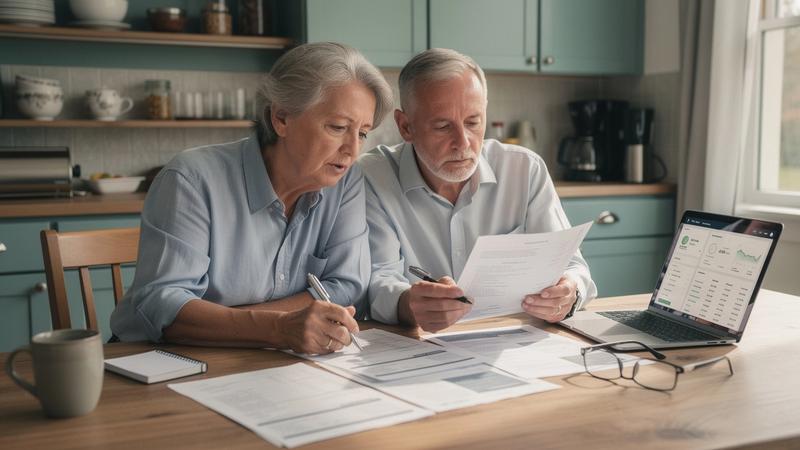 A couple comparing printed retirement account statements at a kitchen table with an open laptop beside them
